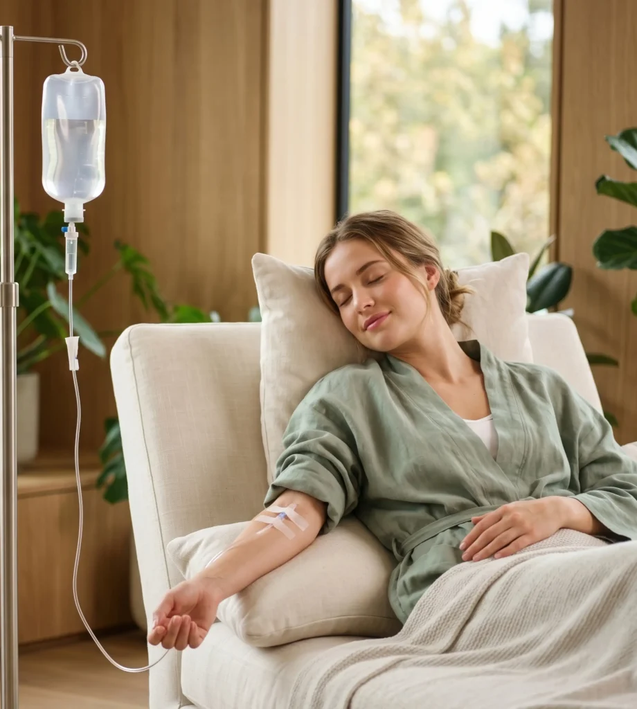 Woman relaxing in a chair while receiving IV hydration therapy in a calm wellness setting