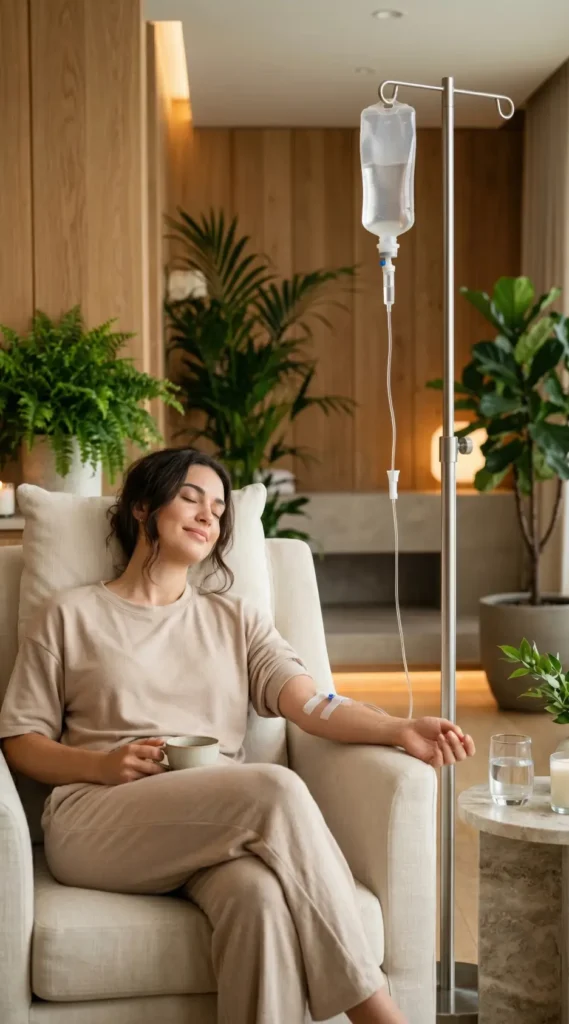 Woman relaxing in a comfortable chair while receiving IV hydration therapy in a wellness clinic
